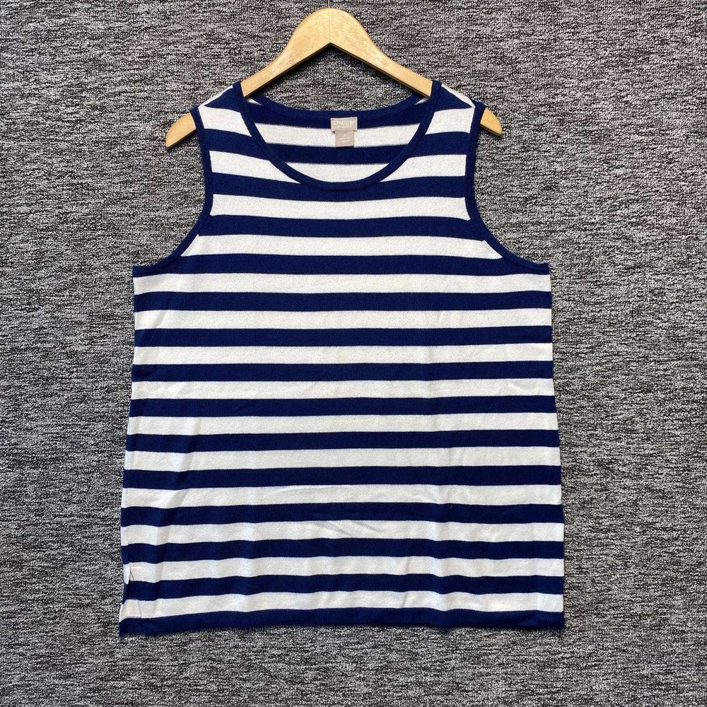 Chicos Zenergy‎ Tank Top Womens XL Blue White Striped Nautical Coastal Travel